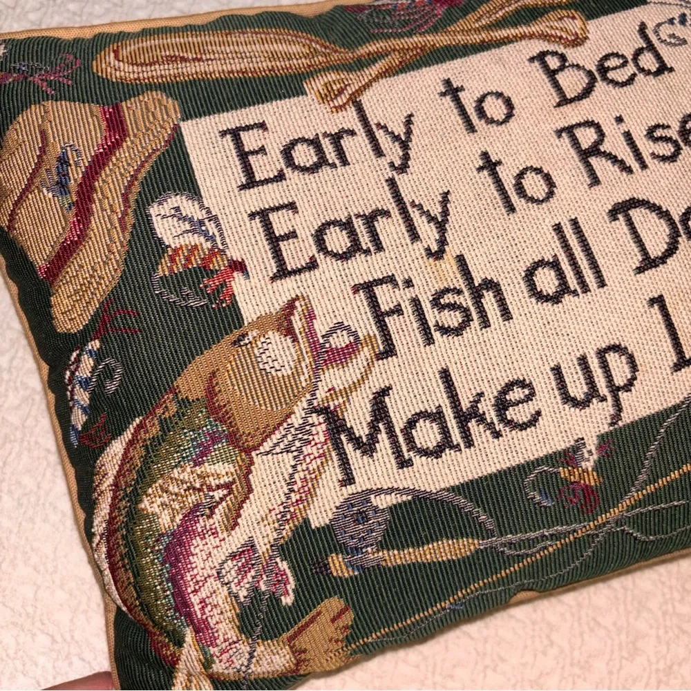 Vintage Riverdale fishing theme tapestry accent pillow early to bed early rise